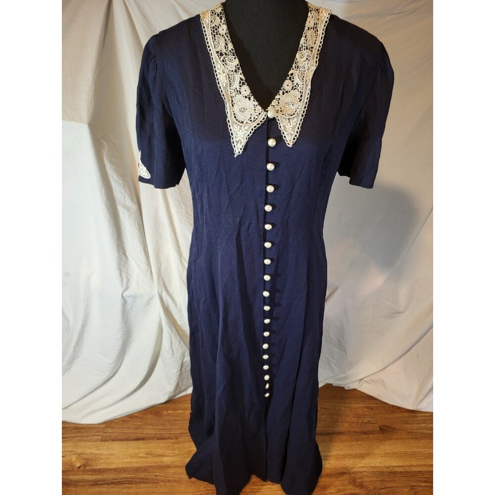 Vintage Ultra Dress New York  Size 10 Navy Blue Lace Collar Modest Full...